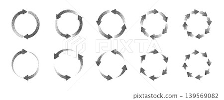 Modern circular arrow icon with halftone grain effect. Vector set features dotted patterns, abstract motion symbols, and geometric arrows for dynamic infographic designs. 139569082