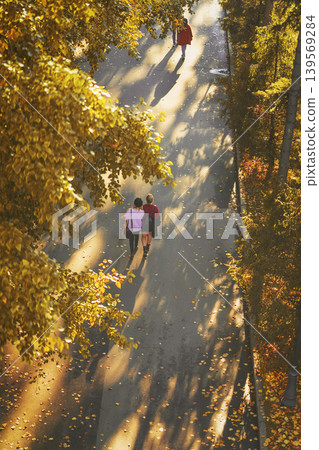 Autumn park path shows people walking under golden foliage, fallen leaves, sunlight, long shadows. Top view. Concept of autumn lifestyle, friendship, city park, seasonal walk Autumn park path shows people walking under golden foliage, fallen leaves, sunlight, long shadows. Top view. Concept of autumn lifestyle, friendship, city park, seasonal walk 139569284