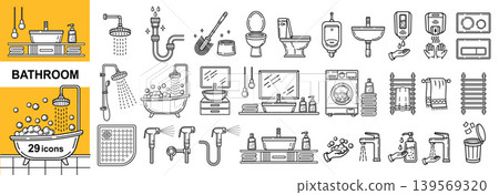 Bathroom toilet restroom plumbing. Washroom bath. Shower, bathtub, sink faucet, hand washing, flush water closet, urinal, hygiene bidet, heater towel, washbasin drain lavatory room equipment. Vector Bathroom toilet restroom plumbing. Washroom bath. Shower, bathtub, sink faucet, hand washing, flush water closet, urinal, hygiene bidet, heater towel, washbasin drain lavatory room equipment. Vector 139569320