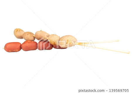 Pork tendon meatballs on skewers thailand isolated on white background Pork tendon meatballs on skewers thailand isolated on white background 139569705