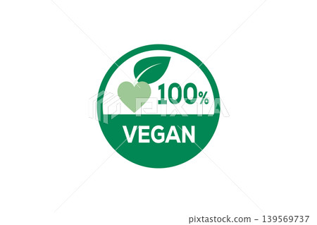 100% Vegan Green Badge Logo With Heart And Leaf Symbol For Organic Products And Labels 139569737