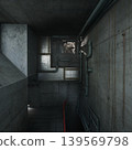 utility shaft with compact piping, vents and red cable trailing down wall, cool directional light and textured concrete create tense maintenance or emergency 139569798
