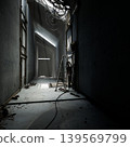 service corridor with ladder, tangled cables and concrete walls, light from skylight carving dramatic lines scene ideal for exploration, maintenance scenario 139569799