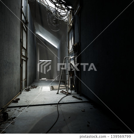 service corridor with ladder, tangled cables and concrete walls, light from skylight carving dramatic lines scene ideal for exploration, maintenance scenario service corridor with ladder, tangled cables and concrete walls, light from skylight carving dramatic lines scene ideal for exploration, maintenance scenario 139569799
