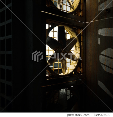 Metal ventilation fans lit by window, rusted grille and shafts creating deep shadows and textured beams, vintage machinery visible through grid, gritty Metal ventilation fans lit by window, rusted grille and shafts creating deep shadows and textured beams, vintage machinery visible through grid, gritty 139569800