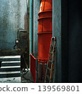 Tall orange tank with ladder and railing, concrete platform and piping. heavy machinery elements and welded seams show industrial scale and ongoing maintenance, 139569801