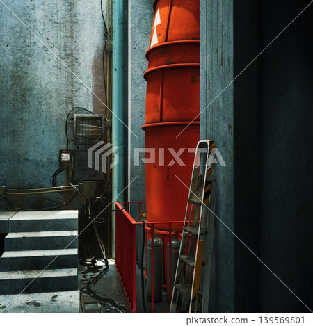 Tall orange tank with ladder and railing, concrete platform and piping. heavy machinery elements and welded seams show industrial scale and ongoing maintenance, Tall orange tank with ladder and railing, concrete platform and piping. heavy machinery elements and welded seams show industrial scale and ongoing maintenance, 139569801