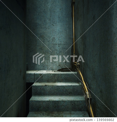 Narrow concrete staircase with exposed pipe and valve. worn steps and conduit run along damp wall, grime and rust accentuating industrial texture. intimate Narrow concrete staircase with exposed pipe and valve. worn steps and conduit run along damp wall, grime and rust accentuating industrial texture. intimate 139569802