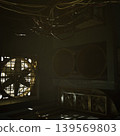 Sunlit ventilation room with giant fan and grille, warm light filtering through dusty blades, ductwork and motor casing, visible insulation and service panel, 139569803