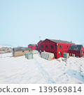 Set in a harsh, wintry environment, this scene showcases vibrant red buildings nestled in snow, highlighting human resilience and the pursuit of knowledge in remote areas. 139569814