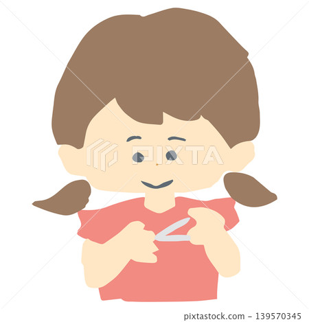女孩剪指甲的插圖；儀容整理；膿皰病預防；平面印刷。 139570345