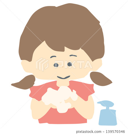 女孩用泡沫和肥皂洗手以預防感染的插圖。平面設計。 女孩用泡沫和肥皂洗手以預防感染的插圖。平面設計。 139570346