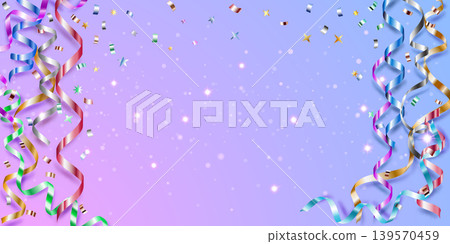 Colorful ribbons and confetti on purple background. 139570459