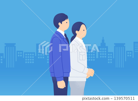 A vector illustration of a man and a woman working in a job that supports society, representing infrastructure projects. A vector illustration of a man and a woman working in a job that supports society, representing infrastructure projects. 139570511
