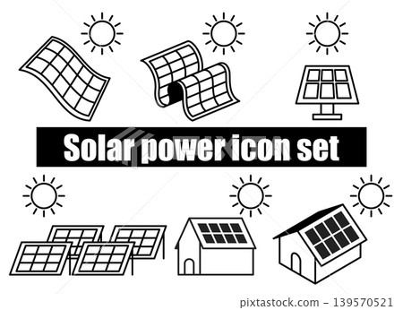 一組單色圖標,代表各種類型的太陽能發電,從鈣鈦礦太陽能到住宅太陽能裝置。 一組單色圖標,代表各種類型的太陽能發電,從鈣鈦礦太陽能到住宅太陽能裝置。 139570521