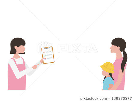 Vector illustration of a childcare worker explaining a checklist, a little girl, and her mother. Vector illustration of a childcare worker explaining a checklist, a little girl, and her mother. 139570577