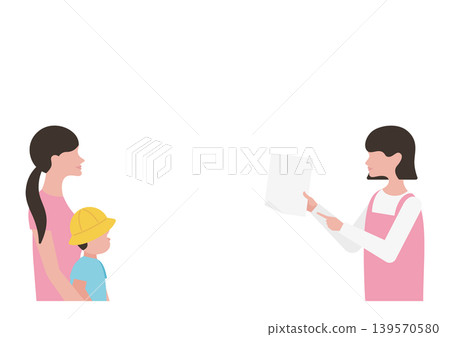 Vector illustration of a childcare worker explaining documents to a boy and his mother. Vector illustration of a childcare worker explaining documents to a boy and his mother. 139570580