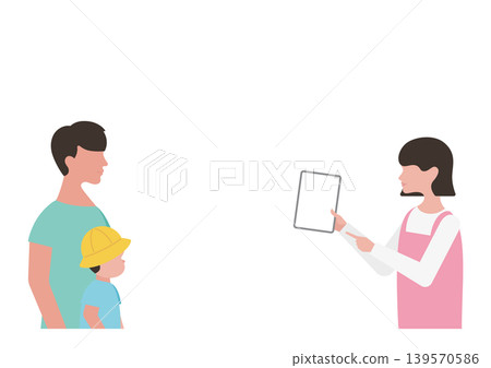 Vector illustration of a childcare worker explaining something on a tablet, a boy, and his father. Vector illustration of a childcare worker explaining something on a tablet, a boy, and his father. 139570586