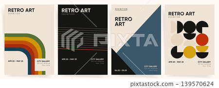 Retro art exhibition poster set vector with rainbow curve, geometric circles, blue triangle, and minimal lines. Mid-century modern gallery flyer template for wall art, branding, and editorial design. Retro art exhibition poster set vector with rainbow curve, geometric circles, blue triangle, and minimal lines. Mid-century modern gallery flyer template for wall art, branding, and editorial design. 139570624