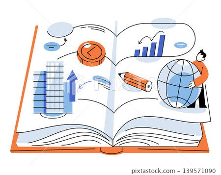 Man holding globe by open book with business charts and pencil vector illustration. Global education, financial planning, trade, strategy, analysis, growth. Person with world sphere by textbook Man holding globe by open book with business charts and pencil vector illustration. Global education, financial planning, trade, strategy, analysis, growth. Person with world sphere by textbook 139571090