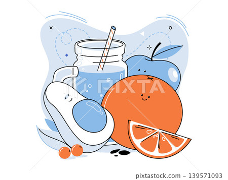 Smoothie jar with orange avocado and apple vector illustration. Healthy lifestyle, organic nutrition, vegan diet, vitamin drink, breakfast menu, wellness. Glass mug with citrus and superfood Smoothie jar with orange avocado and apple vector illustration. Healthy lifestyle, organic nutrition, vegan diet, vitamin drink, breakfast menu, wellness. Glass mug with citrus and superfood 139571093