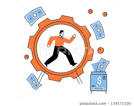 Businessman running inside a large gear wheel with money and safe vector illustration. Rat race, financial routine, wealth, treadmill, economy, productivity. Male character sprinting in cogwheel Businessman running inside a large gear wheel with money and safe vector illustration. Rat race, financial routine, wealth, treadmill, economy, productivity. Male character sprinting in cogwheel 139571100