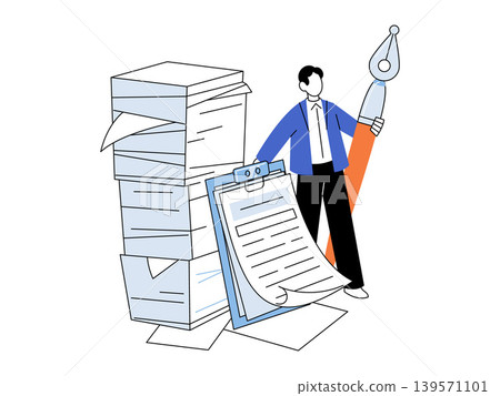 Businessman holding a giant fountain pen next to a stack of papers vector illustration. Paperwork, bureaucracy, legal, writing, management, administration. Author with large pen and files Businessman holding a giant fountain pen next to a stack of papers vector illustration. Paperwork, bureaucracy, legal, writing, management, administration. Author with large pen and files 139571101