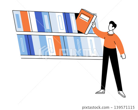 Man reaching for a book on a library shelf vector illustration. Education, academic research, bookstore shopping, literature study, knowledge, archive. Person selecting a volume from a bookshelf Man reaching for a book on a library shelf vector illustration. Education, academic research, bookstore shopping, literature study, knowledge, archive. Person selecting a volume from a bookshelf 139571115