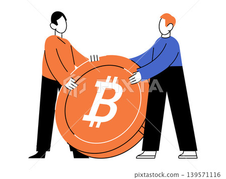Two men holding a large bitcoin coin vector illustration. Crypto investment, digital finance, blockchain, fintech, trading, wealth. Pair of people carrying a giant cryptocurrency token Two men holding a large bitcoin coin vector illustration. Crypto investment, digital finance, blockchain, fintech, trading, wealth. Pair of people carrying a giant cryptocurrency token 139571116