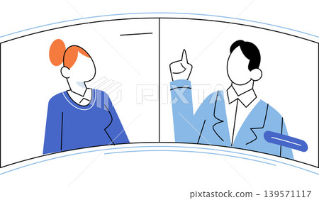 Woman and man having a video call on split screen vector illustration. Telehealth, remote work, online education, business meeting, legal advice, digital communication. Client and consultant talking Woman and man having a video call on split screen vector illustration. Telehealth, remote work, online education, business meeting, legal advice, digital communication. Client and consultant talking 139571117