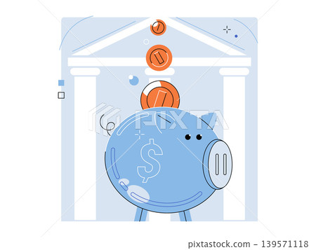 Piggy bank with falling coins in front of a bank building vector illustration. Personal finance, banking, wealth management, retirement, budget, money deposit. Money box with currency Piggy bank with falling coins in front of a bank building vector illustration. Personal finance, banking, wealth management, retirement, budget, money deposit. Money box with currency 139571118