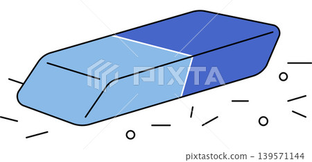 Blue rubber eraser with shavings and crumbs vector illustration. School supplies, office equipment, mistake correction, editing tools, education, cleaning. Stationery item with rubber debris 139571144