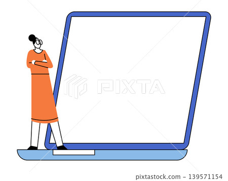 Woman standing on a laptop keyboard looking at a blank screen vector illustration. Remote work, online education, digital marketing, software, web design, freelance. Female character observing Woman standing on a laptop keyboard looking at a blank screen vector illustration. Remote work, online education, digital marketing, software, web design, freelance. Female character observing 139571154