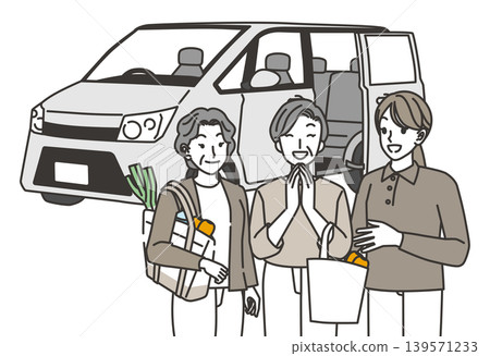 Illustration of a lifestyle support service that transports elderly people to and from shopping. Illustration of a lifestyle support service that transports elderly people to and from shopping. 139571233