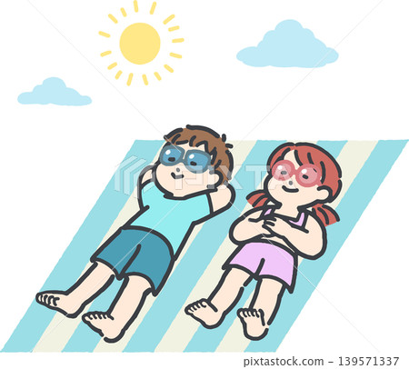 Children in swimsuits dozing on a picnic blanket under the summer sky. Children in swimsuits dozing on a picnic blanket under the summer sky. 139571337