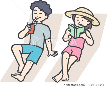 Young men and women in swimsuits relaxing on beach chairs. Young men and women in swimsuits relaxing on beach chairs. 139571341