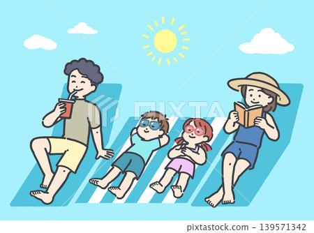 A family of four in swimsuits taking a break under the blue sky. A family of four in swimsuits taking a break under the blue sky. 139571342