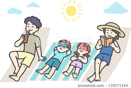 A family of four in swimsuits taking a break under the blue sky. A family of four in swimsuits taking a break under the blue sky. 139571344