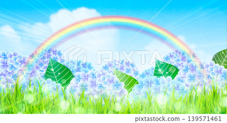 彩虹、繡球花和綠草交織成一幅美麗的風景。 139571461