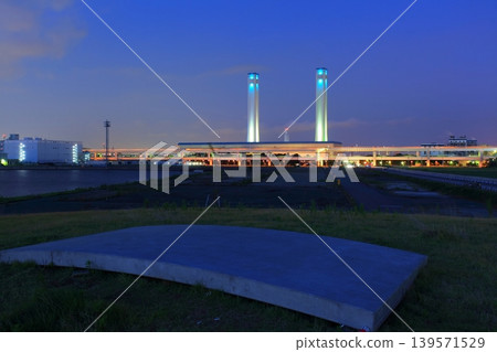 The illuminated chimneys visible from Daikoku Promenade The illuminated chimneys visible from Daikoku Promenade 139571529