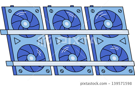 Mining rig with GPU cards vector illustration. Blockchain technology, digital finance, passive income, hardware setup, data processing, crypto farm. Video card farm with rotating coolers Mining rig with GPU cards vector illustration. Blockchain technology, digital finance, passive income, hardware setup, data processing, crypto farm. Video card farm with rotating coolers 139571598
