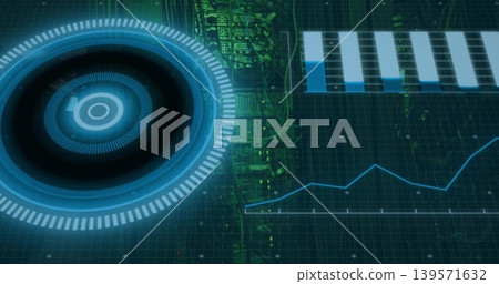 Rotating big circular HUD scanning digital dashboard, with bar chart and circuit traces, copy space Rotating big circular HUD scanning digital dashboard, with bar chart and circuit traces, copy space 139571632