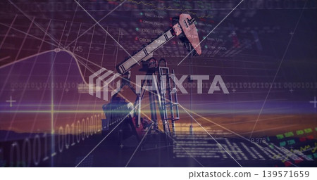 Showing oil pumpjack with walking beam and ladder at oilfield sunset, displaying candlestick charts Showing oil pumpjack with walking beam and ladder at oilfield sunset, displaying candlestick charts 139571659