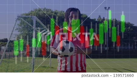 Holding black-white ball, soccer player wearing red kit on pitch before goal, candlestick overlay Holding black-white ball, soccer player wearing red kit on pitch before goal, candlestick overlay 139571660