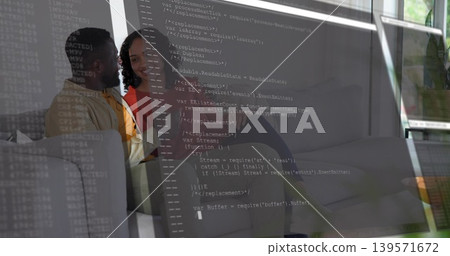 Discussing couple wearing beige jacket and orange-red top sitting on gray sofa, code overlay 139571672