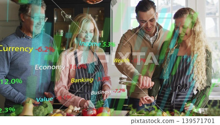Cooking family chopping produce and pouring oil in kitchen with striped aprons and data overlays 139571701