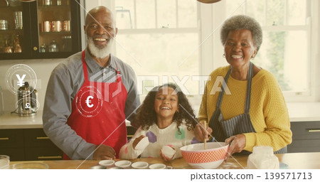 Mixing seniors and grandchild stirring batter at home with polka-dot bowl red apron currency icons Mixing seniors and grandchild stirring batter at home with polka-dot bowl red apron currency icons 139571713