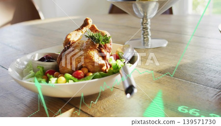 Serving roasted whole chicken in white bowl on dining table, with lettuce, tomatoes, green overlay Serving roasted whole chicken in white bowl on dining table, with lettuce, tomatoes, green overlay 139571730