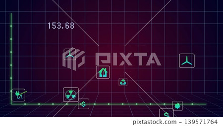 Displaying neon green 3D graph with nodes on tiled floor, showing cyan icon panels and 153 Displaying neon green 3D graph with nodes on tiled floor, showing cyan icon panels and 153 139571764