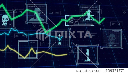 Displaying network analytics HUD centered on dark grid, showing profile frames, neon lines, icons Displaying network analytics HUD centered on dark grid, showing profile frames, neon lines, icons 139571771